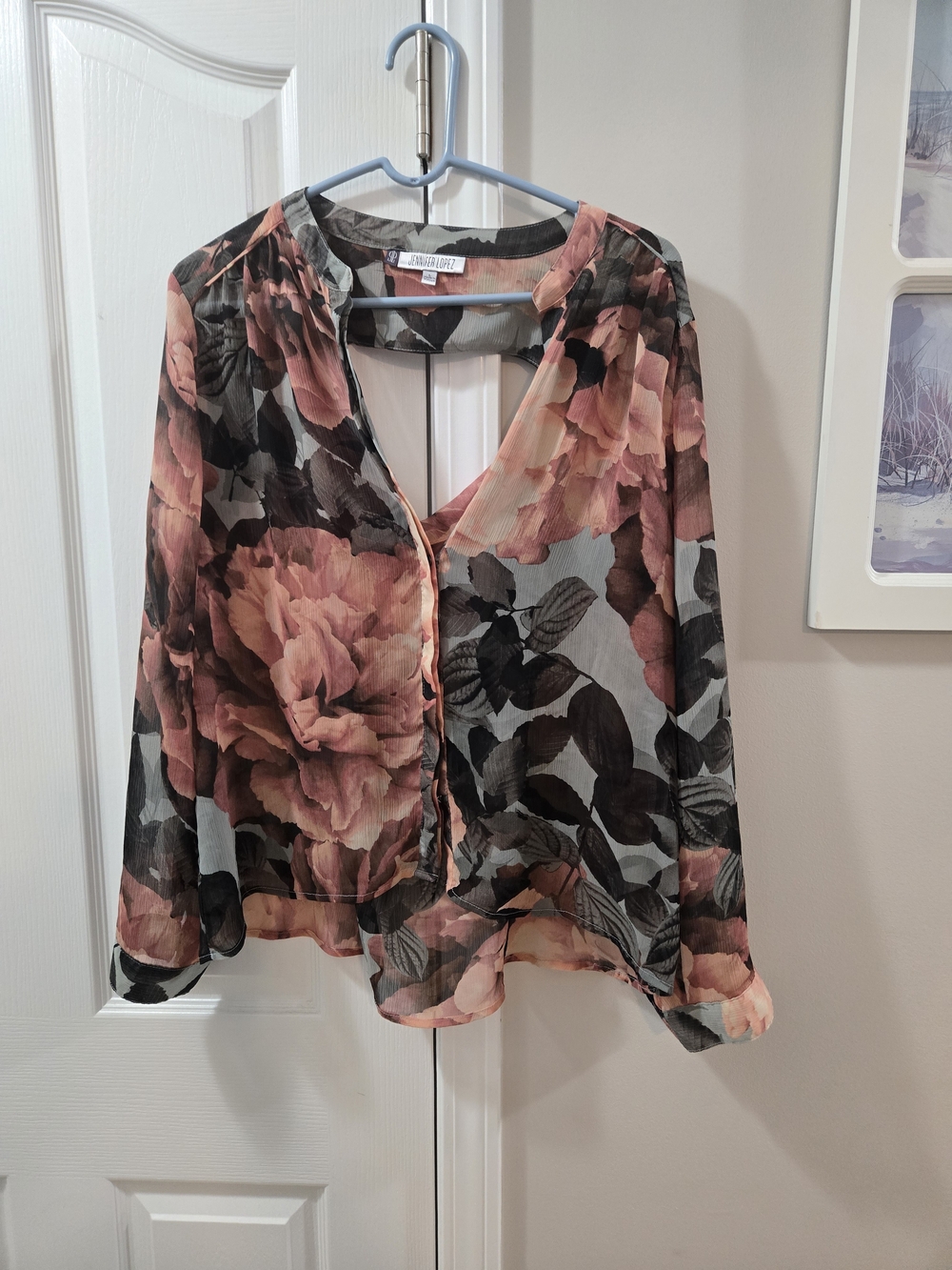 Jennifer Lopez Pink Floral Sheer Blouse